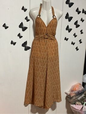 Halter Belted Jumpsuit in Warm Tan Print